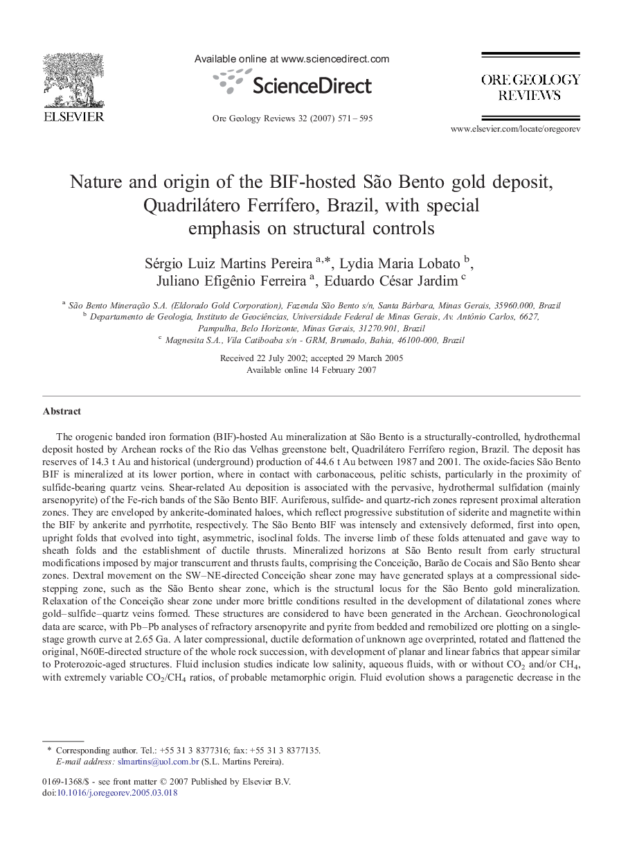 Nature and origin of the BIF-hosted São Bento gold deposit, Quadrilátero Ferrífero, Brazil, with special emphasis on structural controls