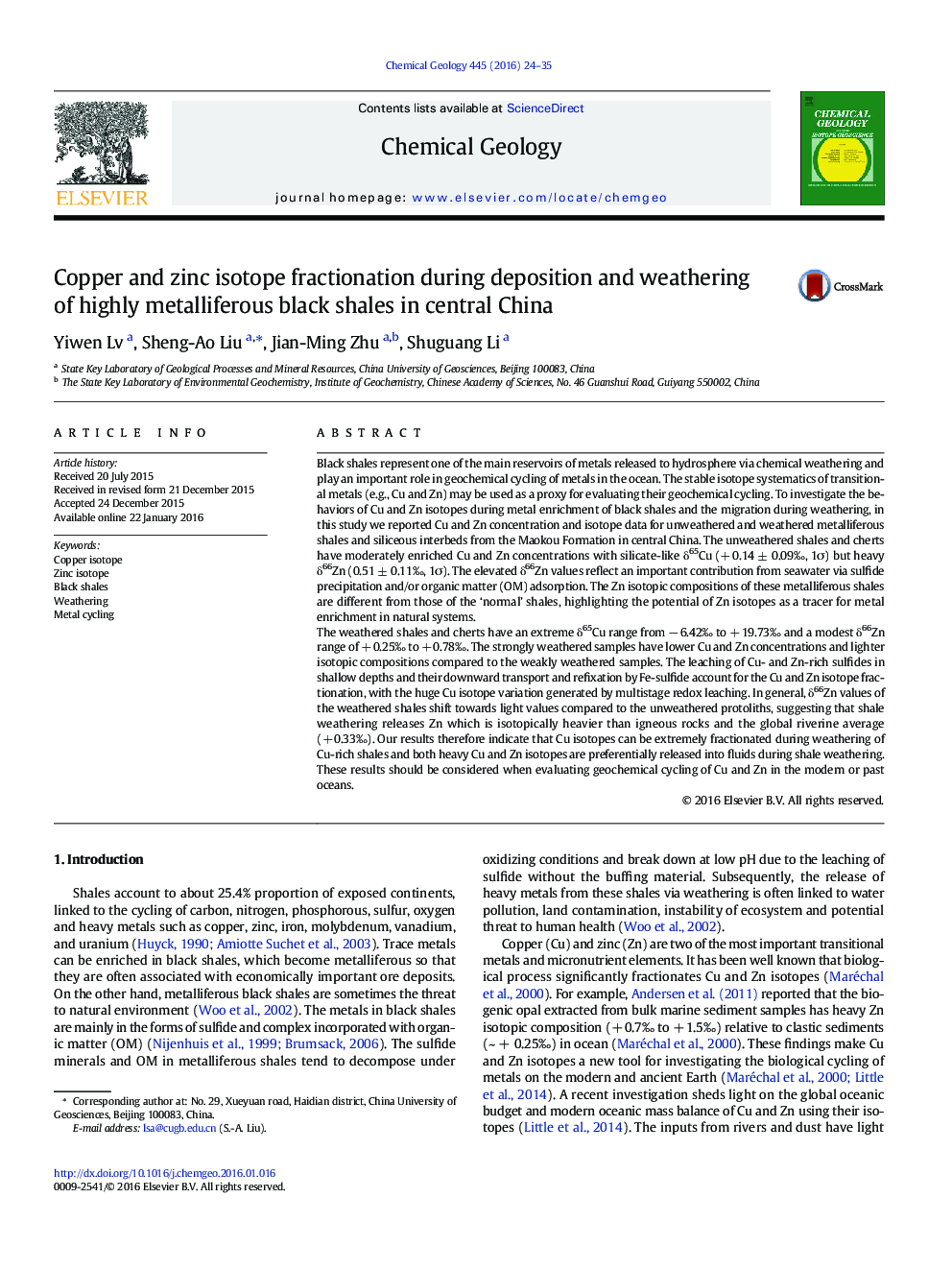 Copper and zinc isotope fractionation during deposition and weathering of highly metalliferous black shales in central China