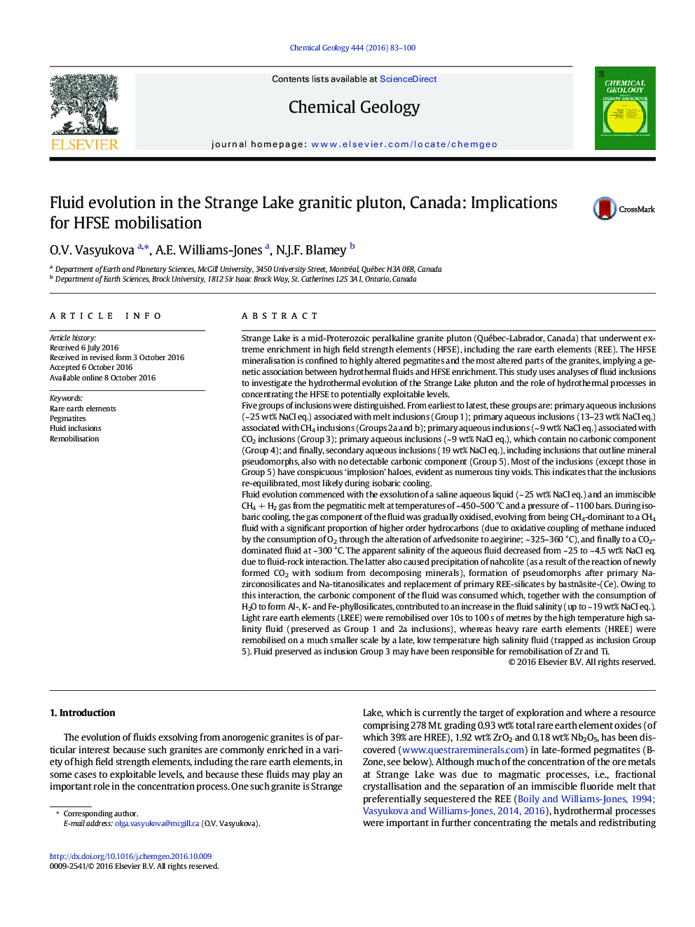 Fluid evolution in the Strange Lake granitic pluton, Canada: Implications for HFSE mobilisation