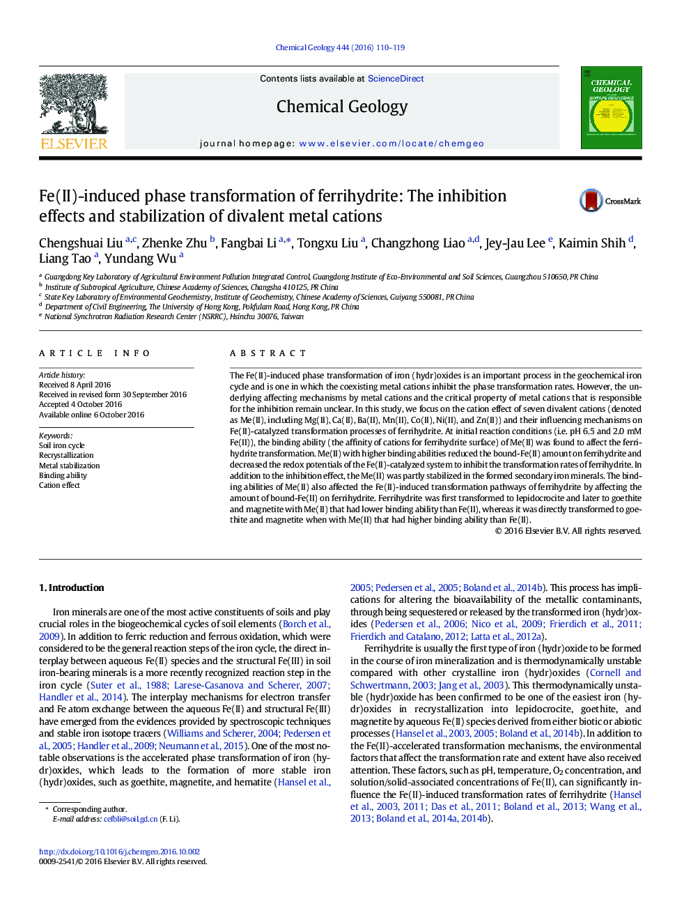 Fe(II)-induced phase transformation of ferrihydrite: The inhibition effects and stabilization of divalent metal cations