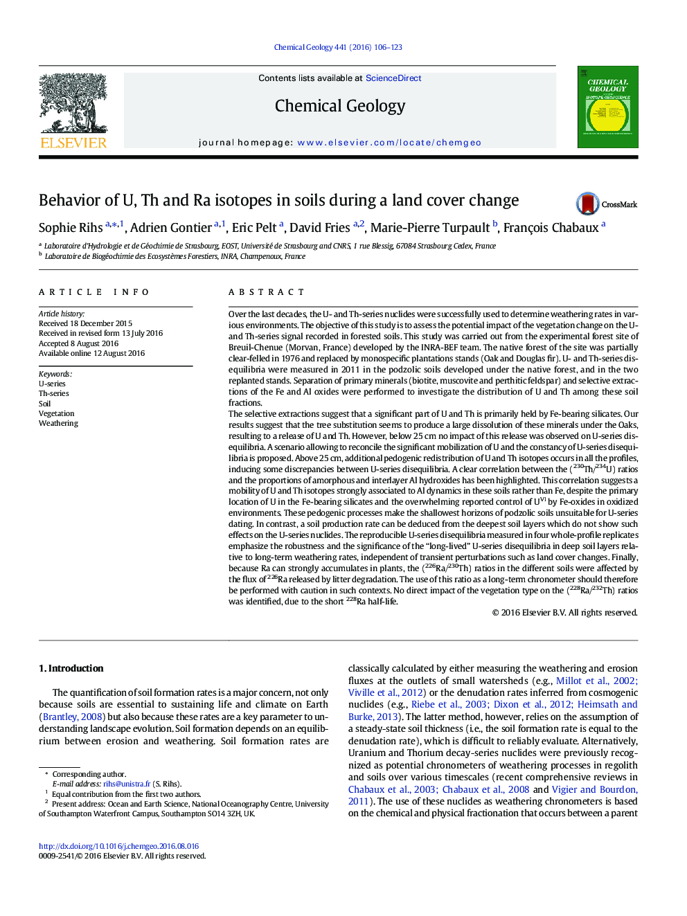 Behavior of U, Th and Ra isotopes in soils during a land cover change