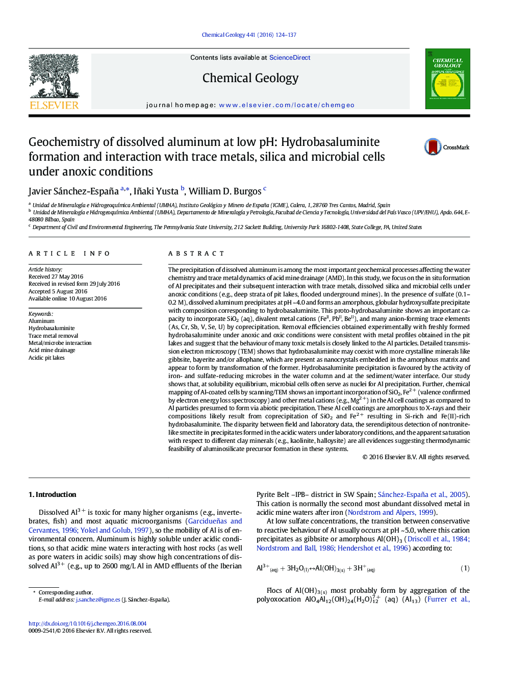 Geochemistry of dissolved aluminum at low pH: Hydrobasaluminite formation and interaction with trace metals, silica and microbial cells under anoxic conditions