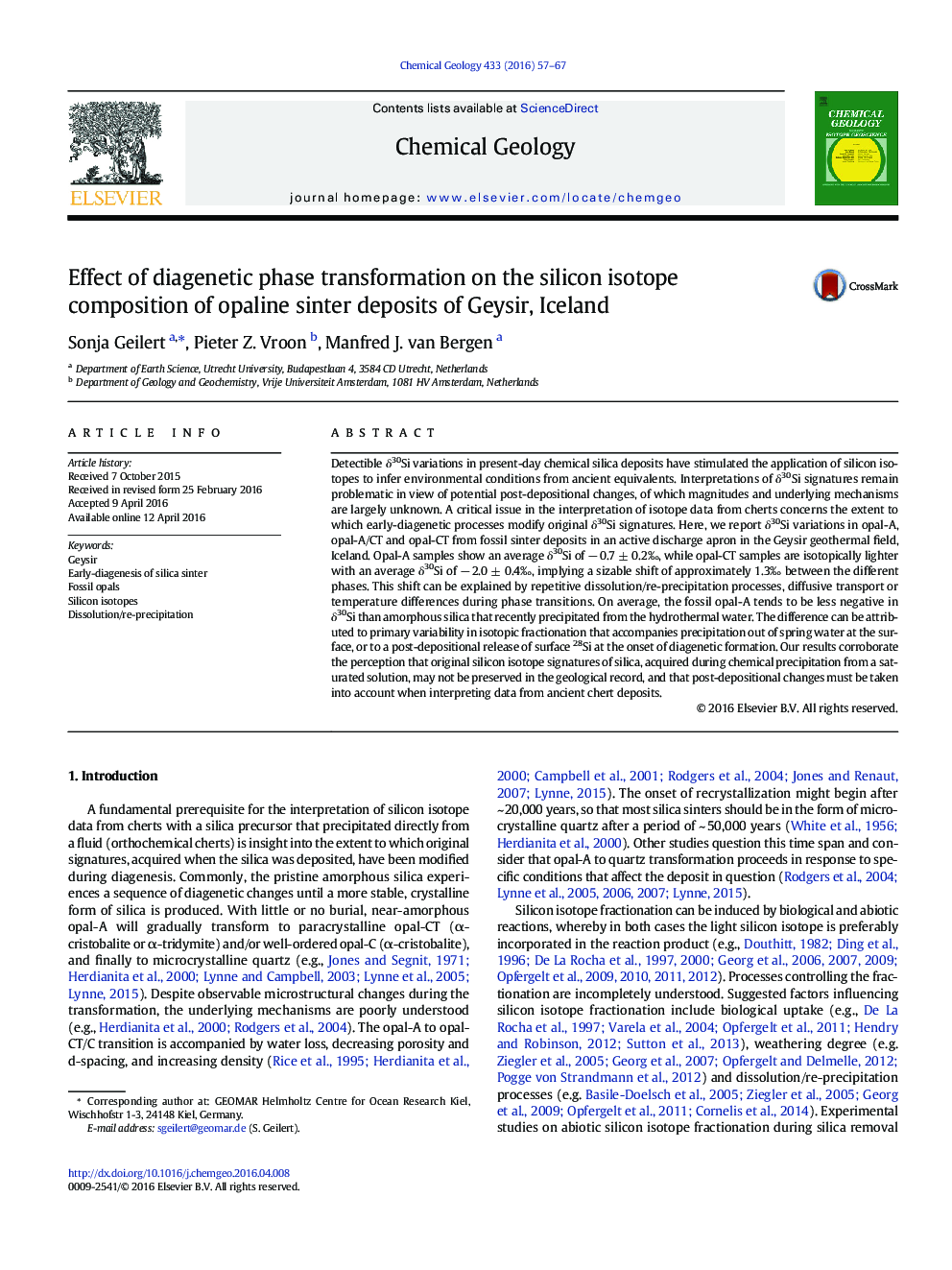 Effect of diagenetic phase transformation on the silicon isotope composition of opaline sinter deposits of Geysir, Iceland