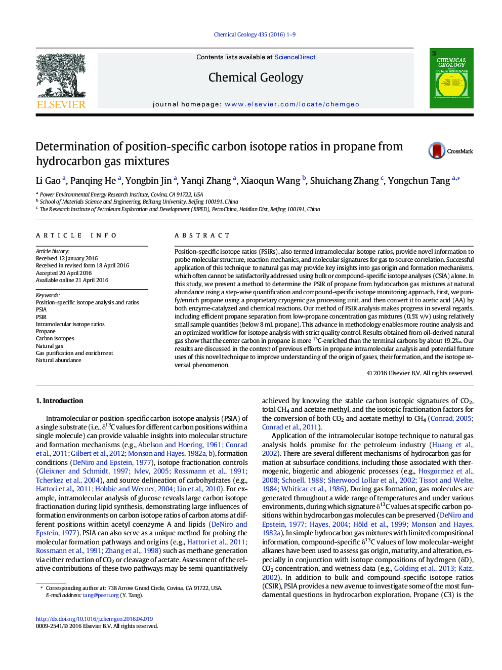 Determination of position-specific carbon isotope ratios in propane from hydrocarbon gas mixtures