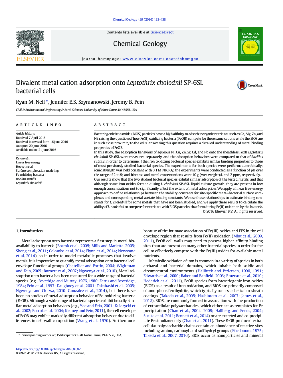 Divalent metal cation adsorption onto Leptothrix cholodnii SP-6SL bacterial cells