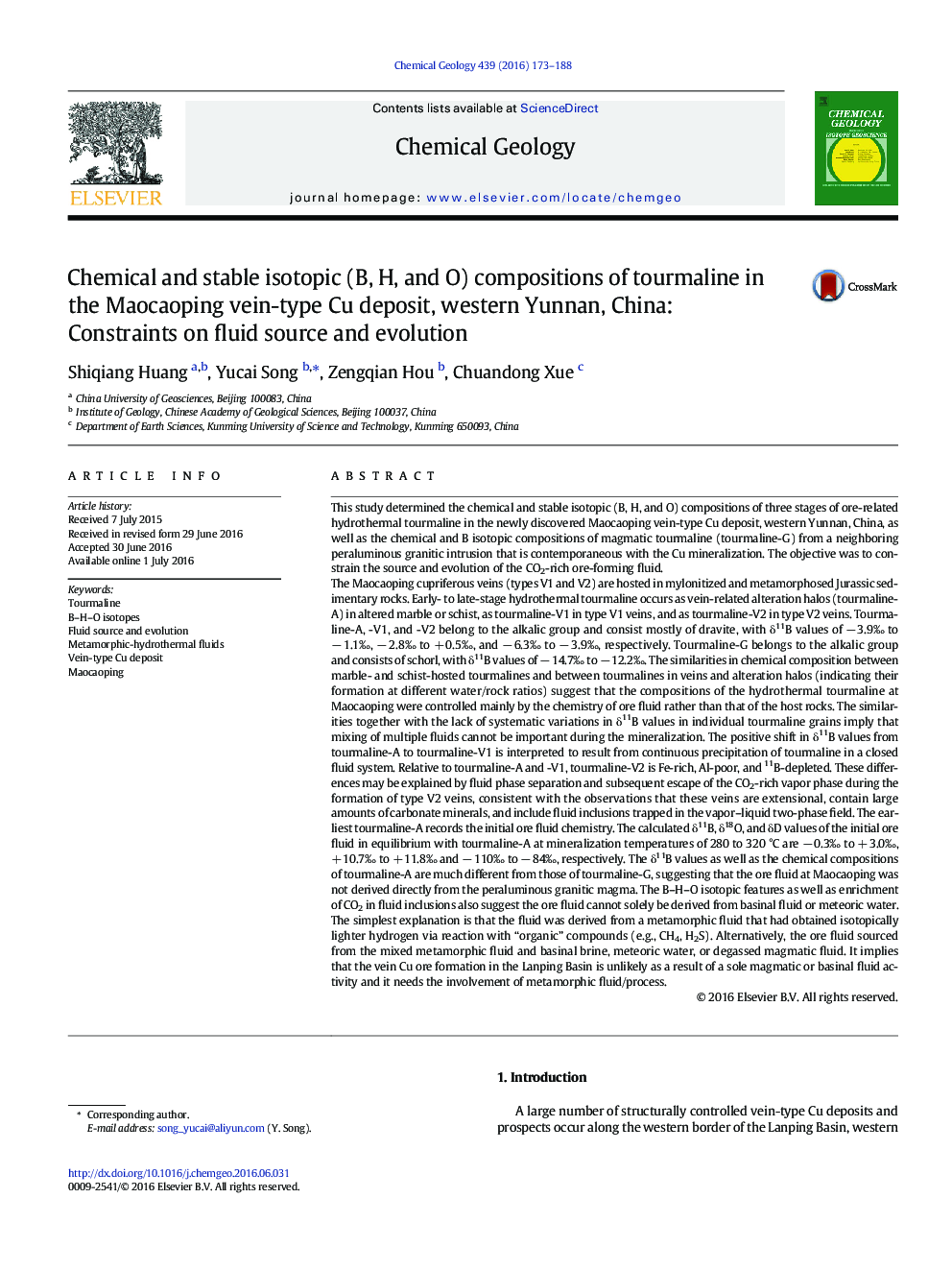 Chemical and stable isotopic (B, H, and O) compositions of tourmaline in the Maocaoping vein-type Cu deposit, western Yunnan, China: Constraints on fluid source and evolution