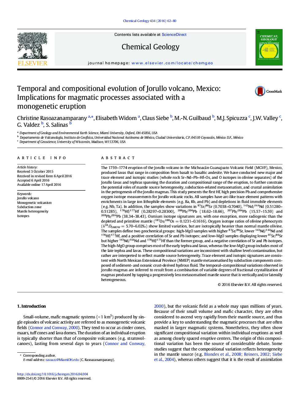 Temporal and compositional evolution of Jorullo volcano, Mexico: Implications for magmatic processes associated with a monogenetic eruption