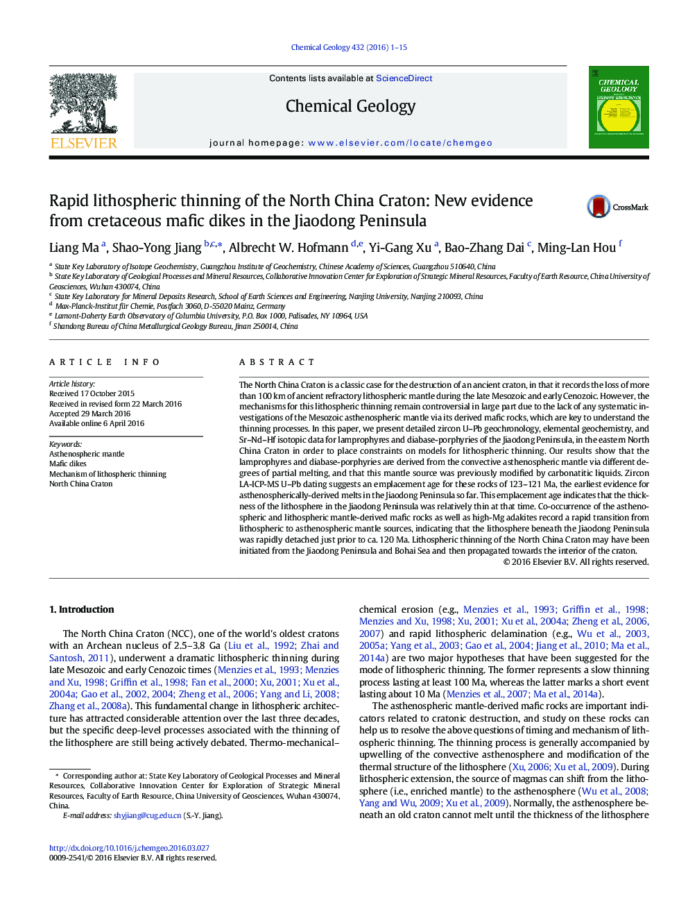 Rapid lithospheric thinning of the North China Craton: New evidence from cretaceous mafic dikes in the Jiaodong Peninsula
