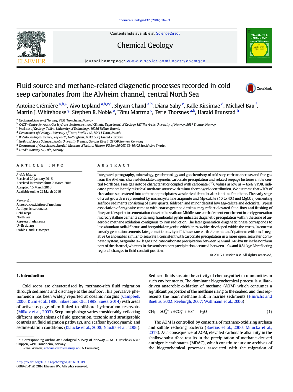 Fluid source and methane-related diagenetic processes recorded in cold seep carbonates from the Alvheim channel, central North Sea