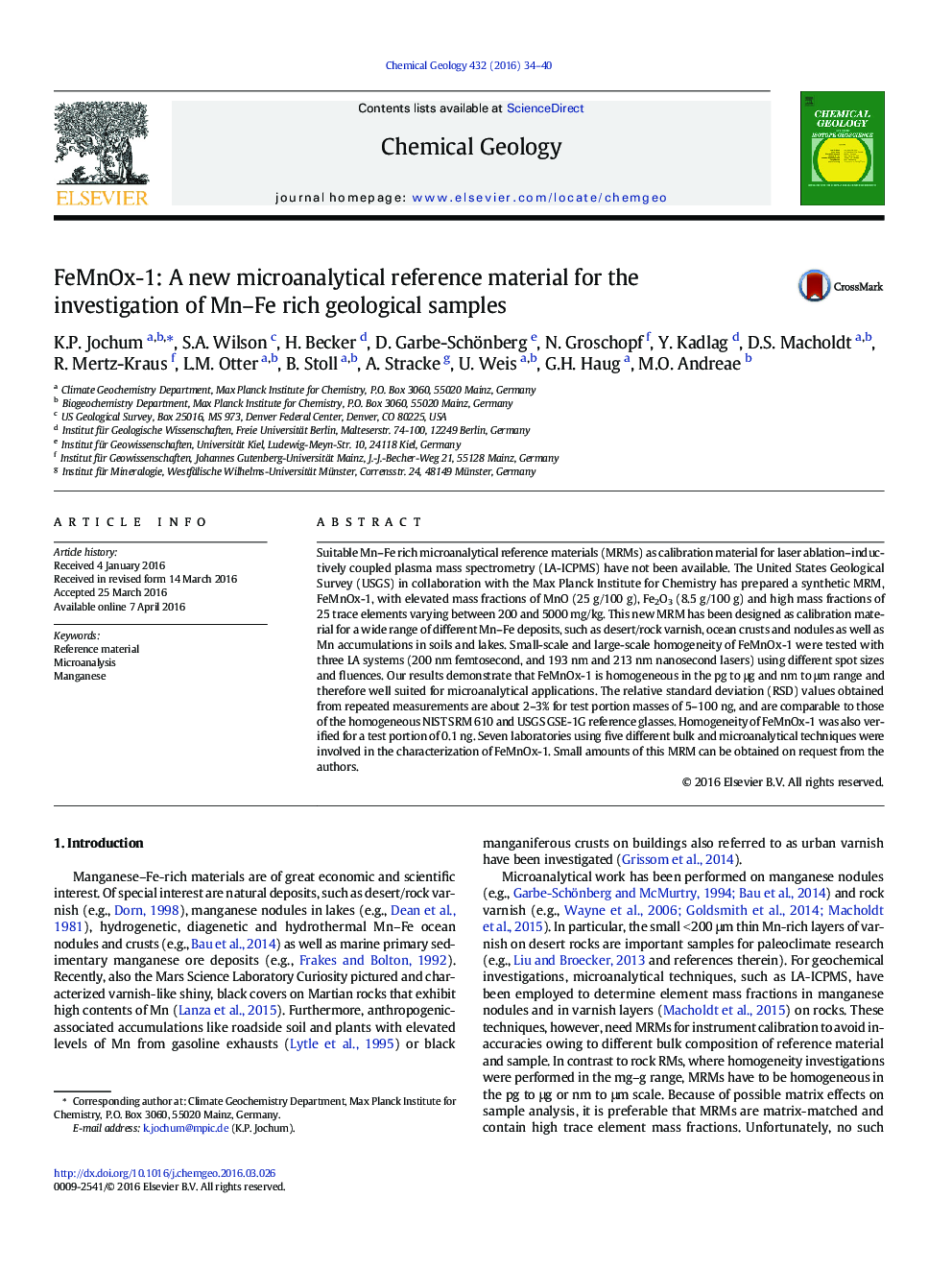 FeMnOx-1: A new microanalytical reference material for the investigation of Mn–Fe rich geological samples