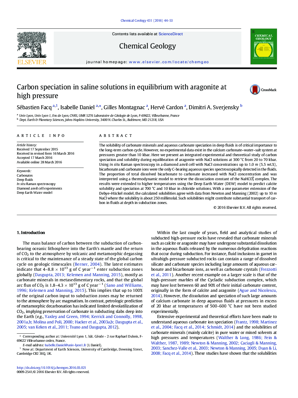 Carbon speciation in saline solutions in equilibrium with aragonite at high pressure