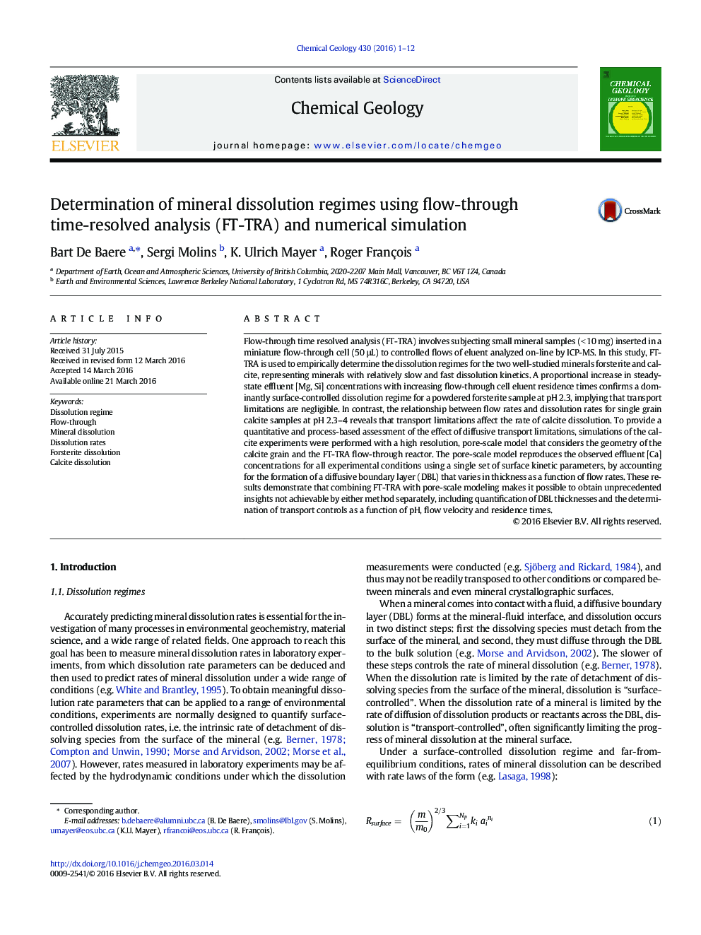 Determination of mineral dissolution regimes using flow-through time-resolved analysis (FT-TRA) and numerical simulation