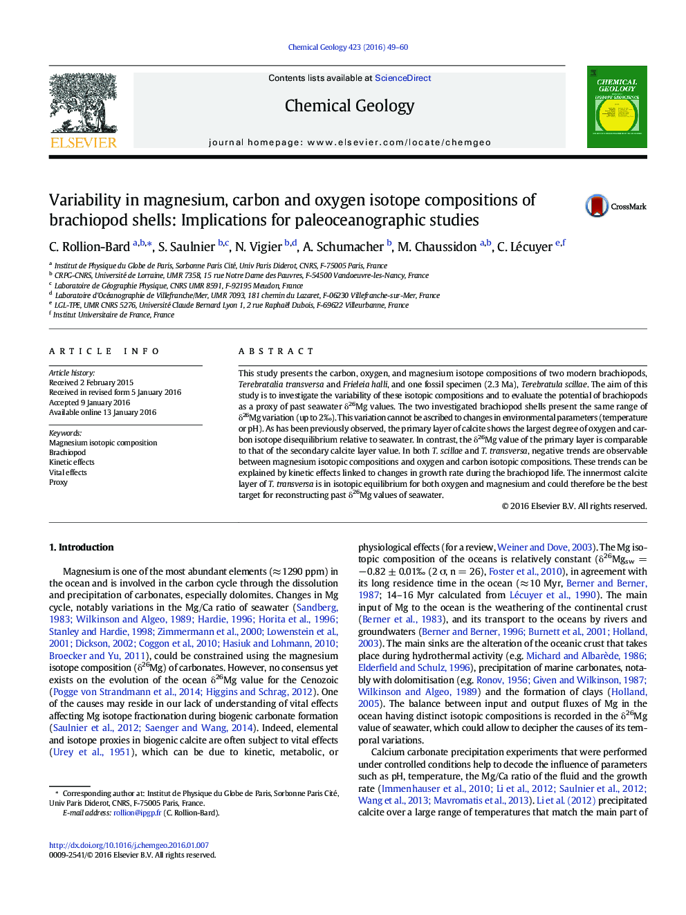 تغییرات ترکیبات ایزوتوپی منیزیم، کربن و اکسیژن پوسته های برقیوپود: تاثیرات برای مطالعات پائئوسکوئولوژیک 