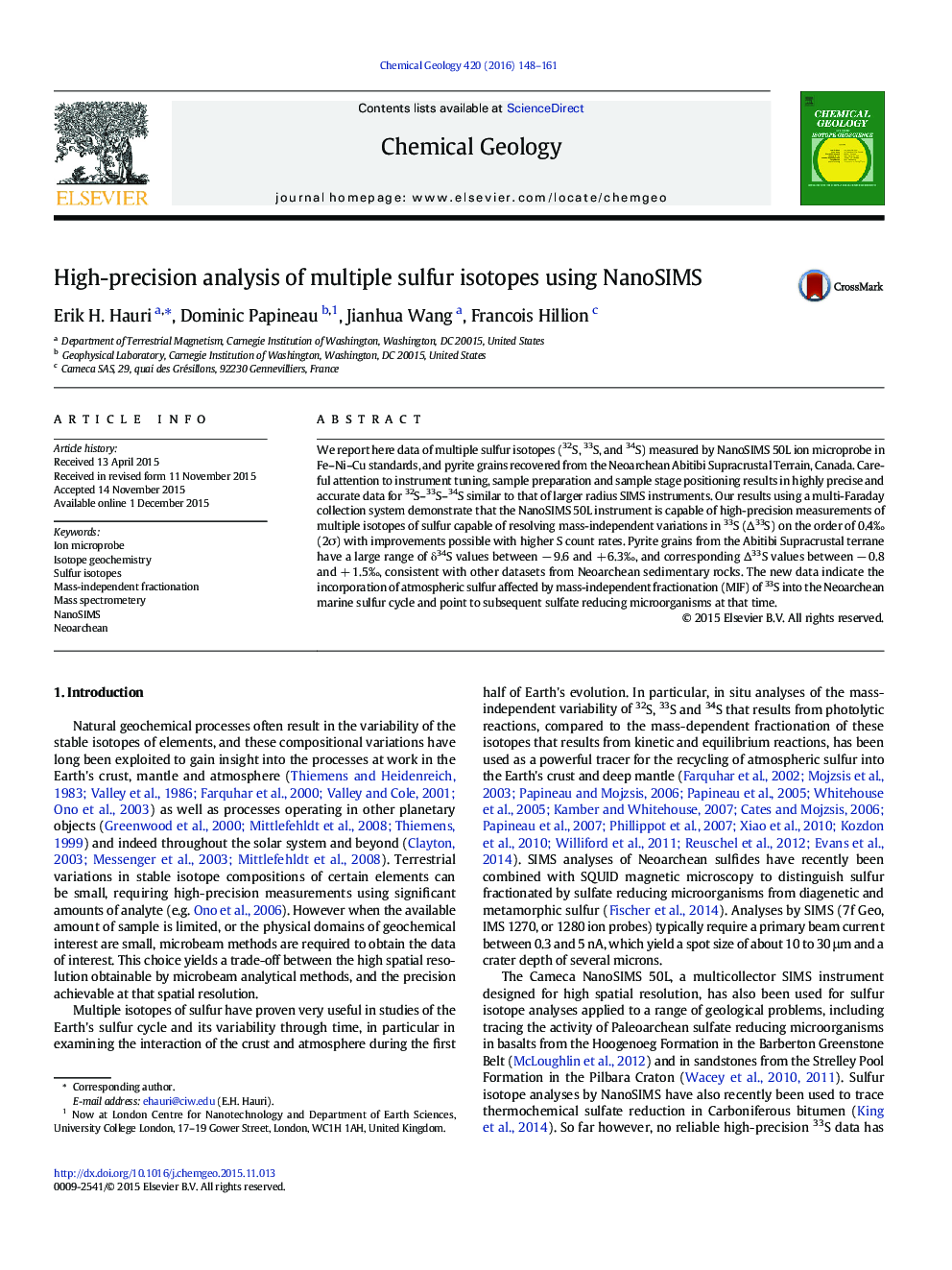 High-precision analysis of multiple sulfur isotopes using NanoSIMS