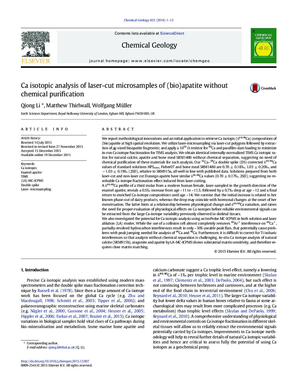 Ca isotopic analysis of laser-cut microsamples of (bio)apatite without chemical purification