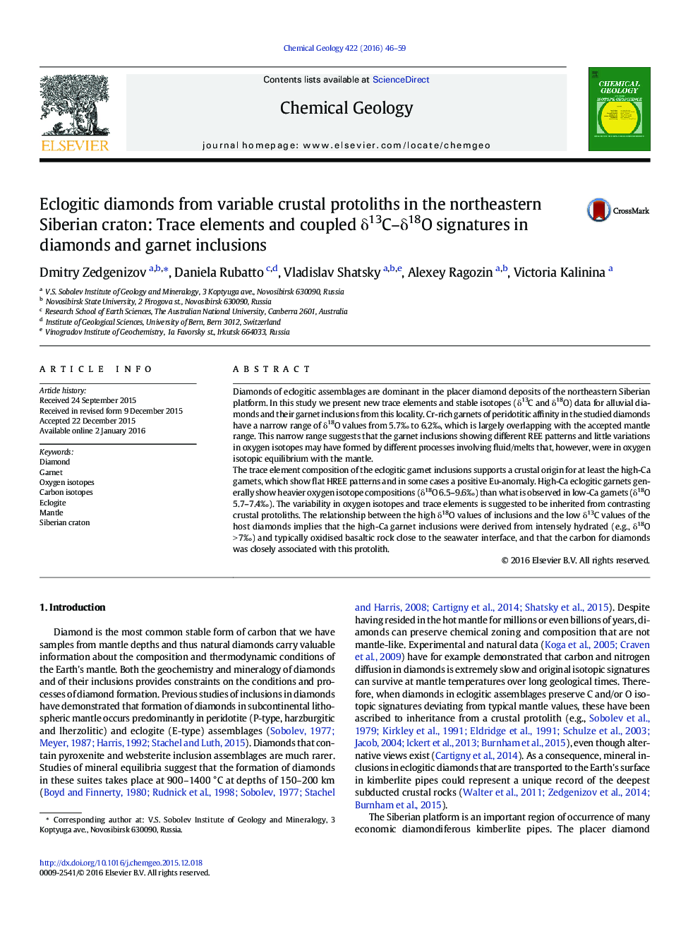 Eclogitic diamonds from variable crustal protoliths in the northeastern Siberian craton: Trace elements and coupled δ13C–δ18O signatures in diamonds and garnet inclusions