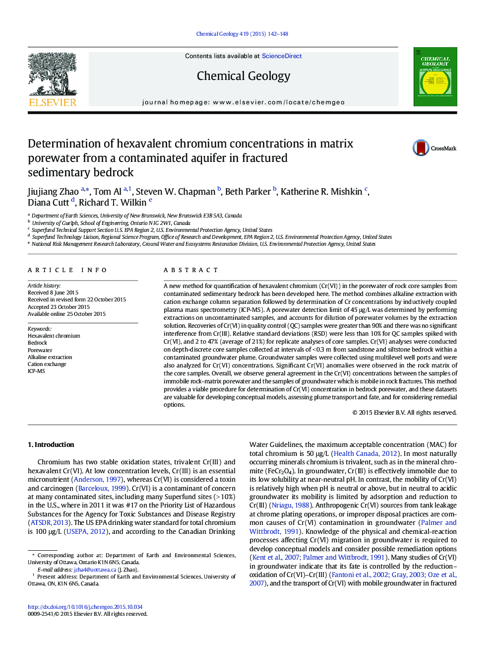 Determination of hexavalent chromium concentrations in matrix porewater from a contaminated aquifer in fractured sedimentary bedrock