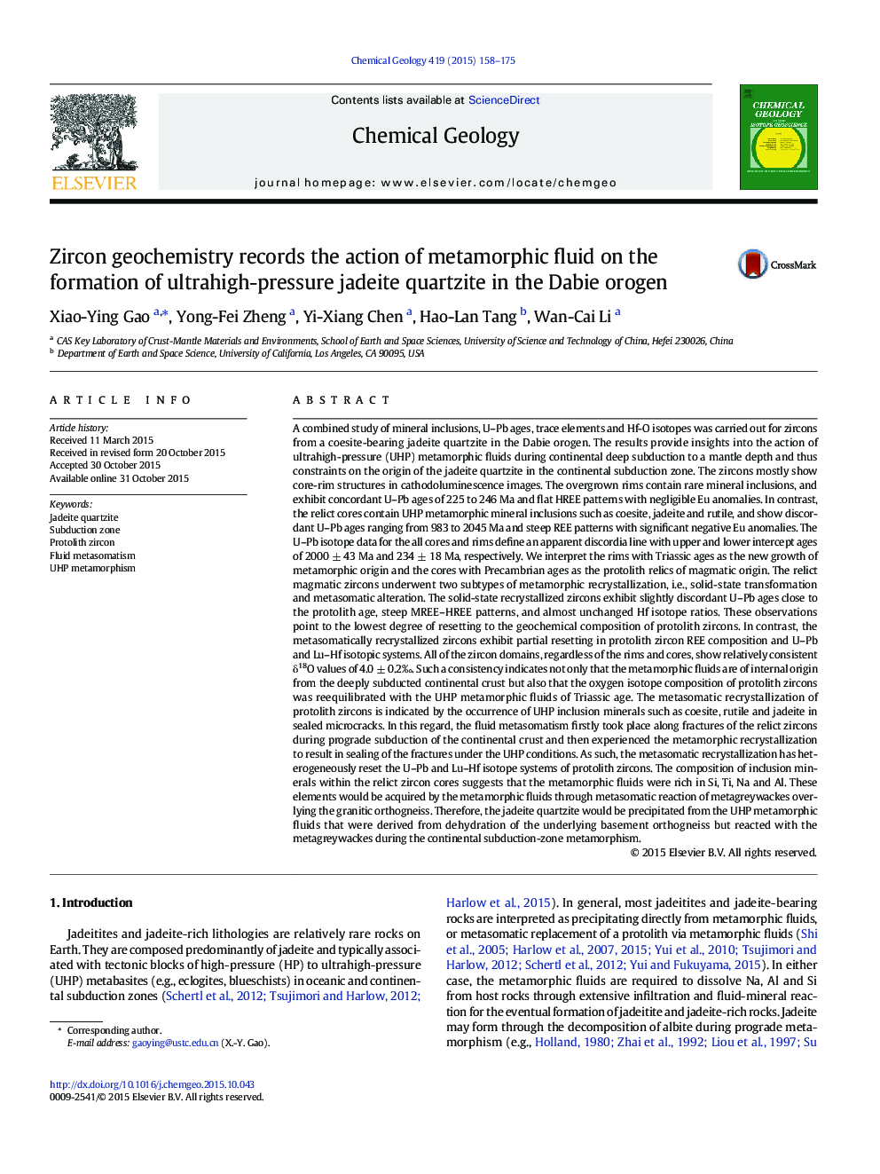 Zircon geochemistry records the action of metamorphic fluid on the formation of ultrahigh-pressure jadeite quartzite in the Dabie orogen