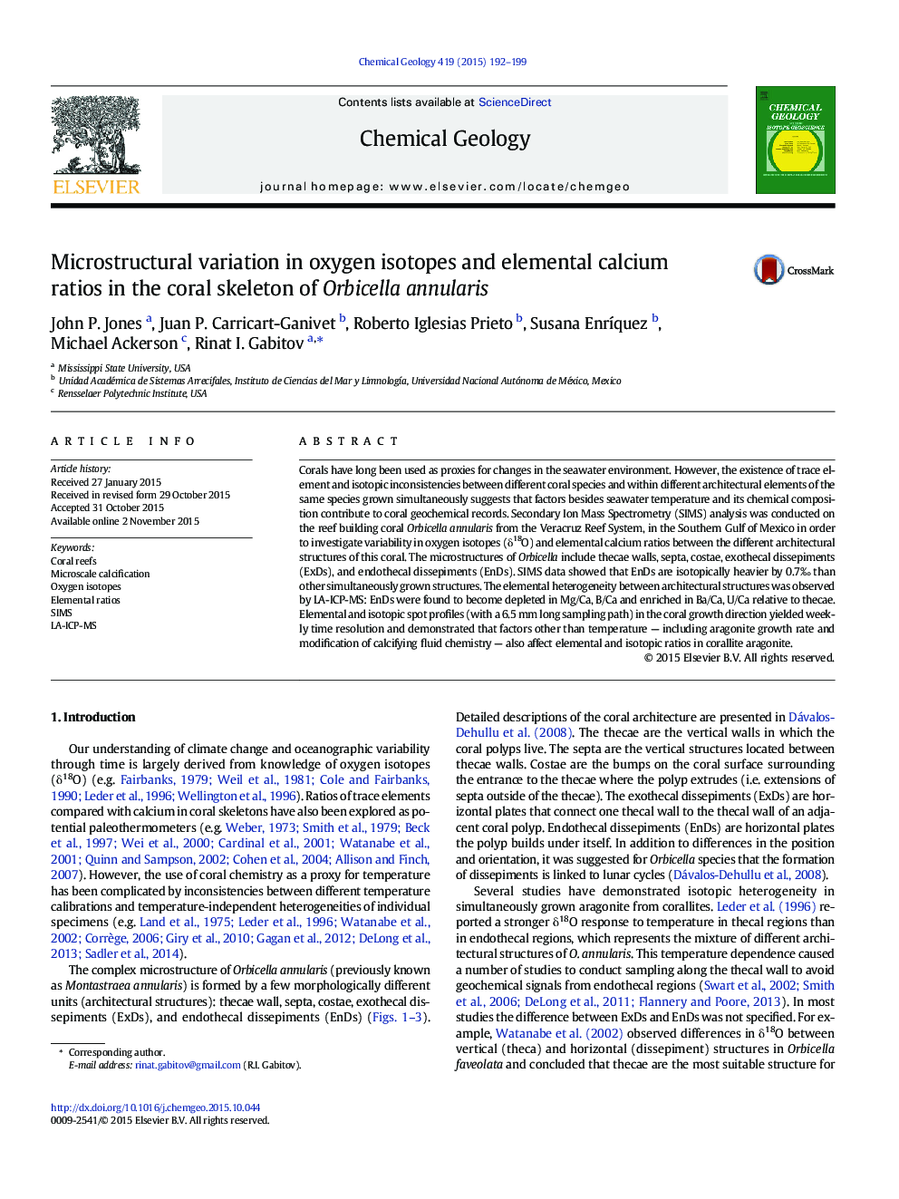 Microstructural variation in oxygen isotopes and elemental calcium ratios in the coral skeleton of Orbicella annularis