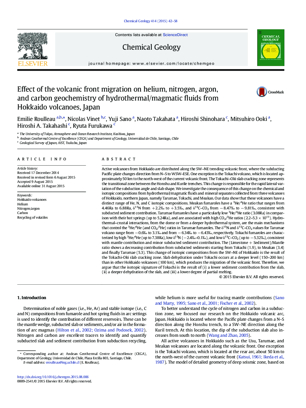 Effect of the volcanic front migration on helium, nitrogen, argon, and carbon geochemistry of hydrothermal/magmatic fluids from Hokkaido volcanoes, Japan