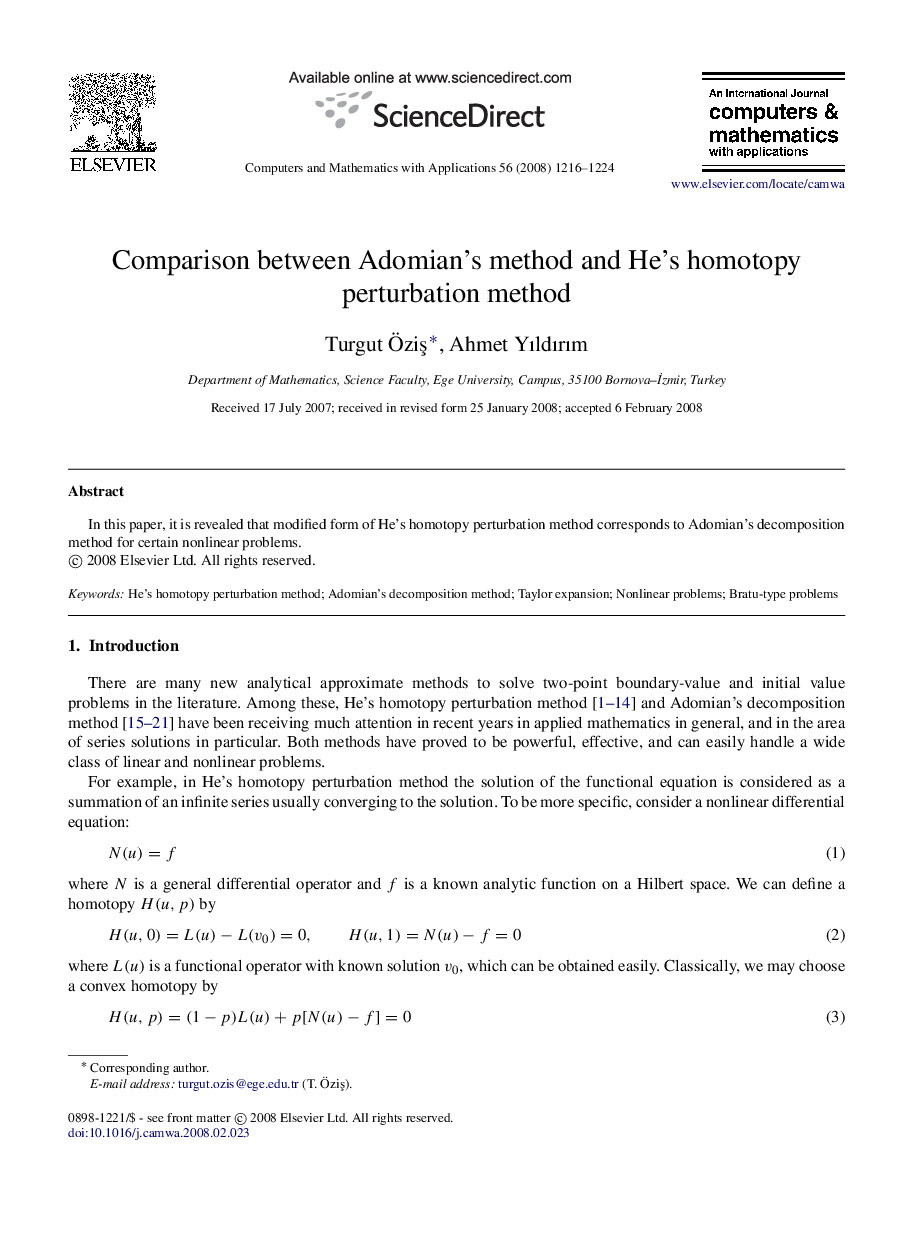 Comparison between Adomian’s method and He’s homotopy perturbation method