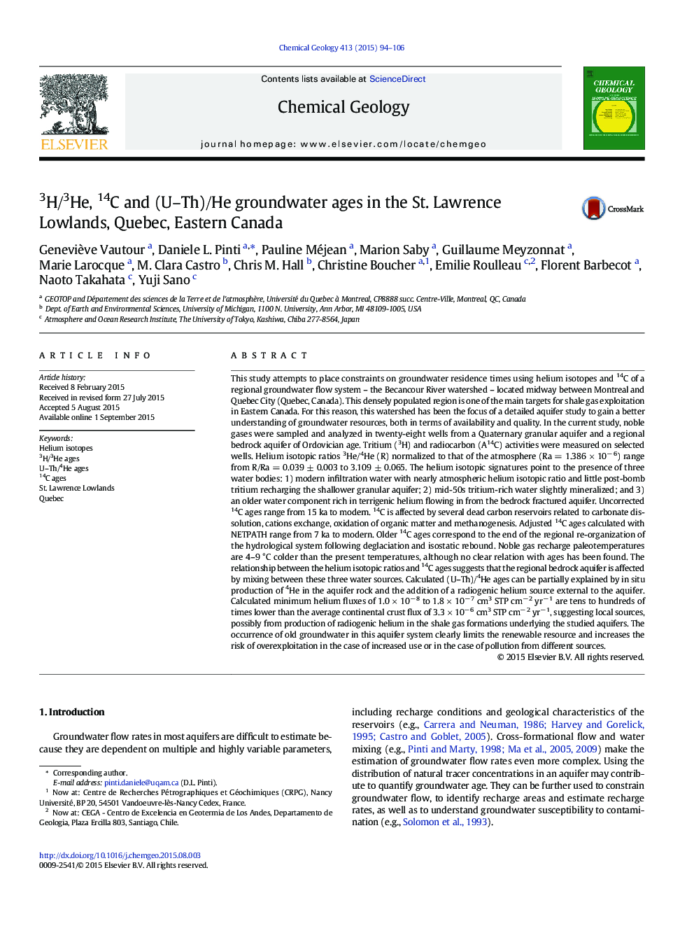 3H/3He, 14C and (U–Th)/He groundwater ages in the St. Lawrence Lowlands, Quebec, Eastern Canada