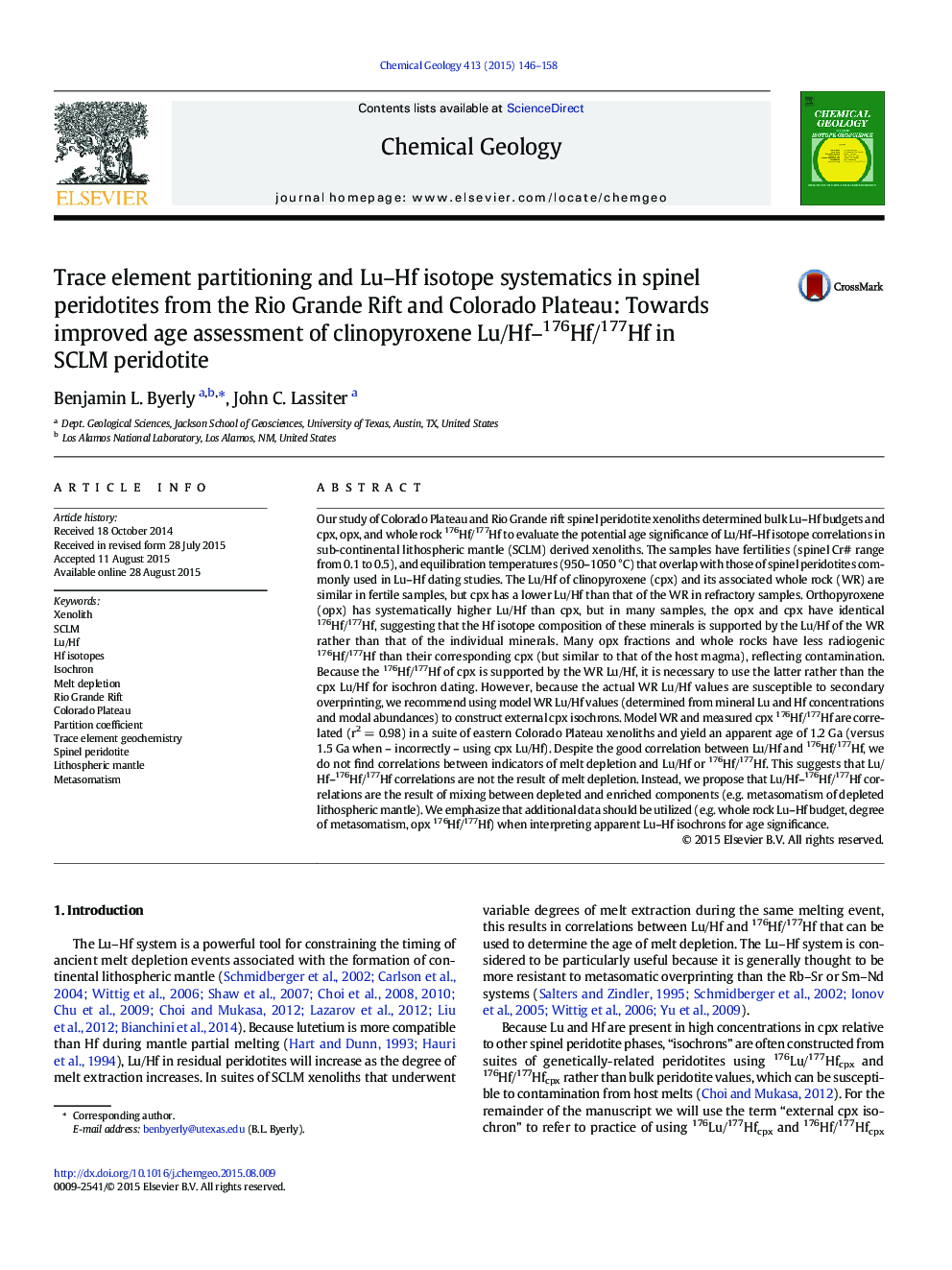 Trace element partitioning and Lu–Hf isotope systematics in spinel peridotites from the Rio Grande Rift and Colorado Plateau: Towards improved age assessment of clinopyroxene Lu/Hf–176Hf/177Hf in SCLM peridotite