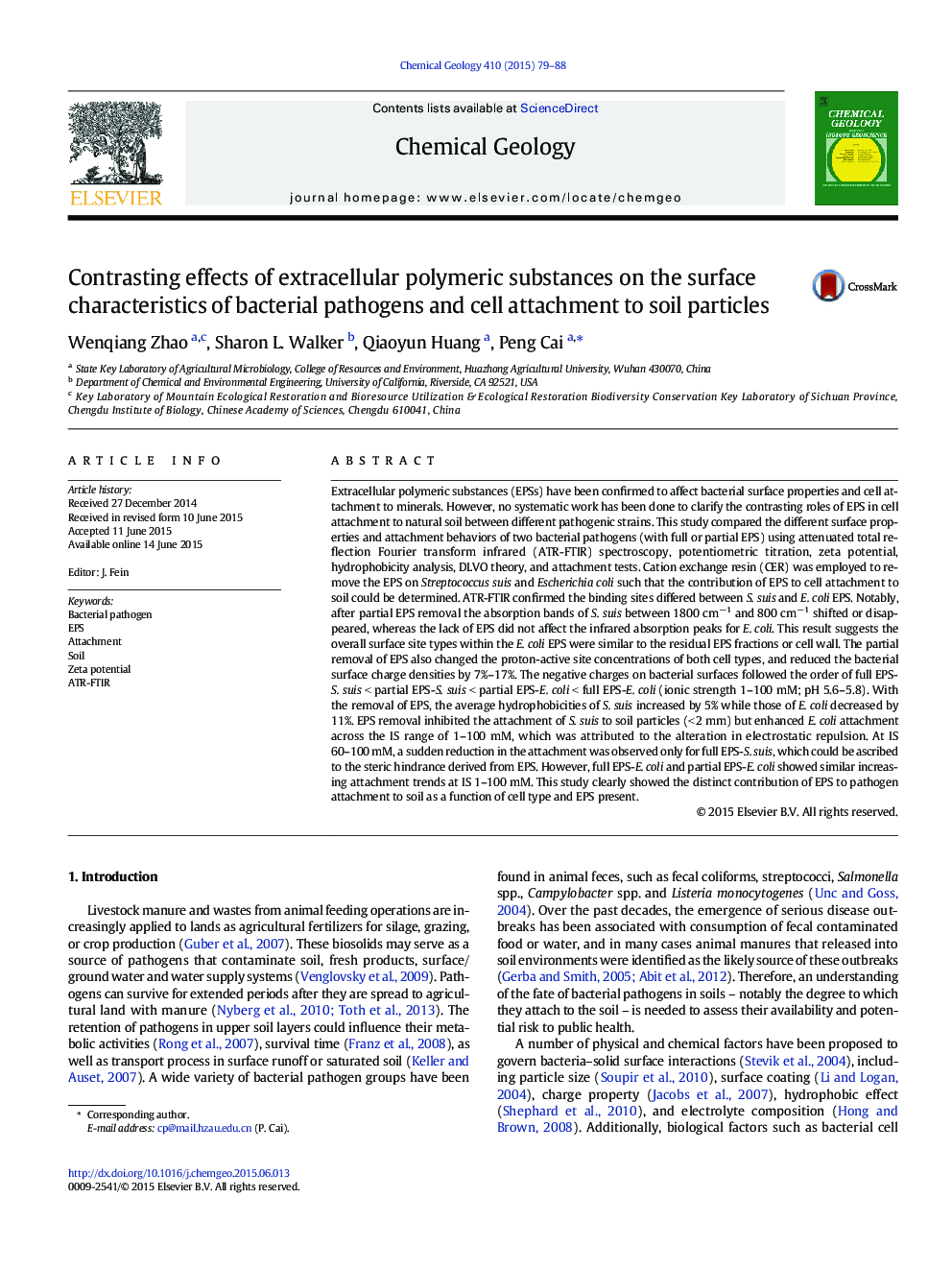 Contrasting effects of extracellular polymeric substances on the surface characteristics of bacterial pathogens and cell attachment to soil particles