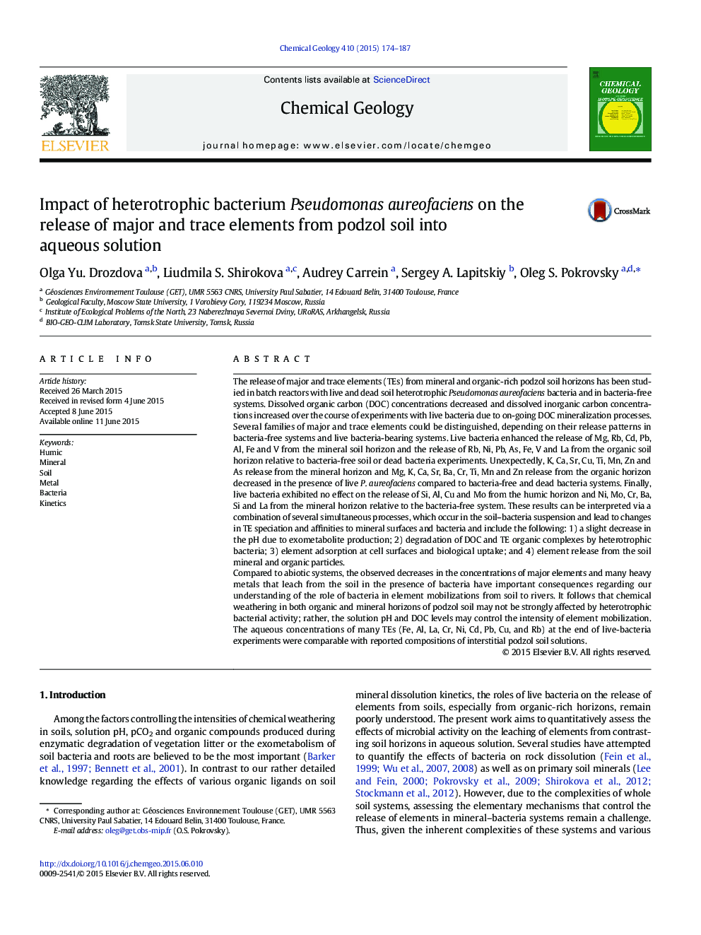 Impact of heterotrophic bacterium Pseudomonas aureofaciens on the release of major and trace elements from podzol soil into aqueous solution