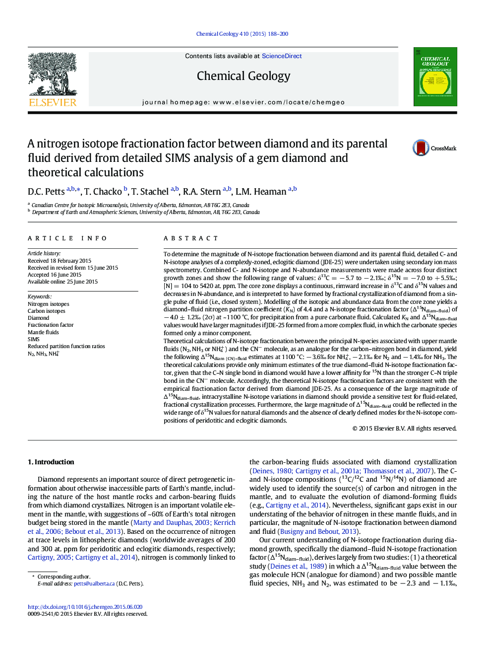 A nitrogen isotope fractionation factor between diamond and its parental fluid derived from detailed SIMS analysis of a gem diamond and theoretical calculations