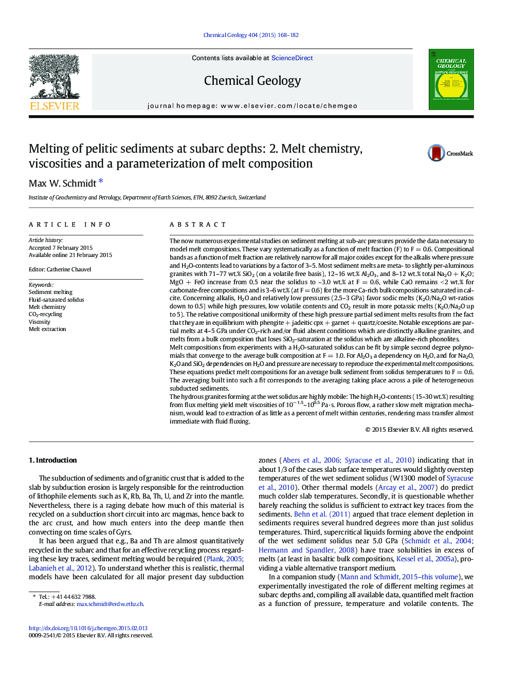 Melting of pelitic sediments at subarc depths: 2. Melt chemistry, viscosities and a parameterization of melt composition