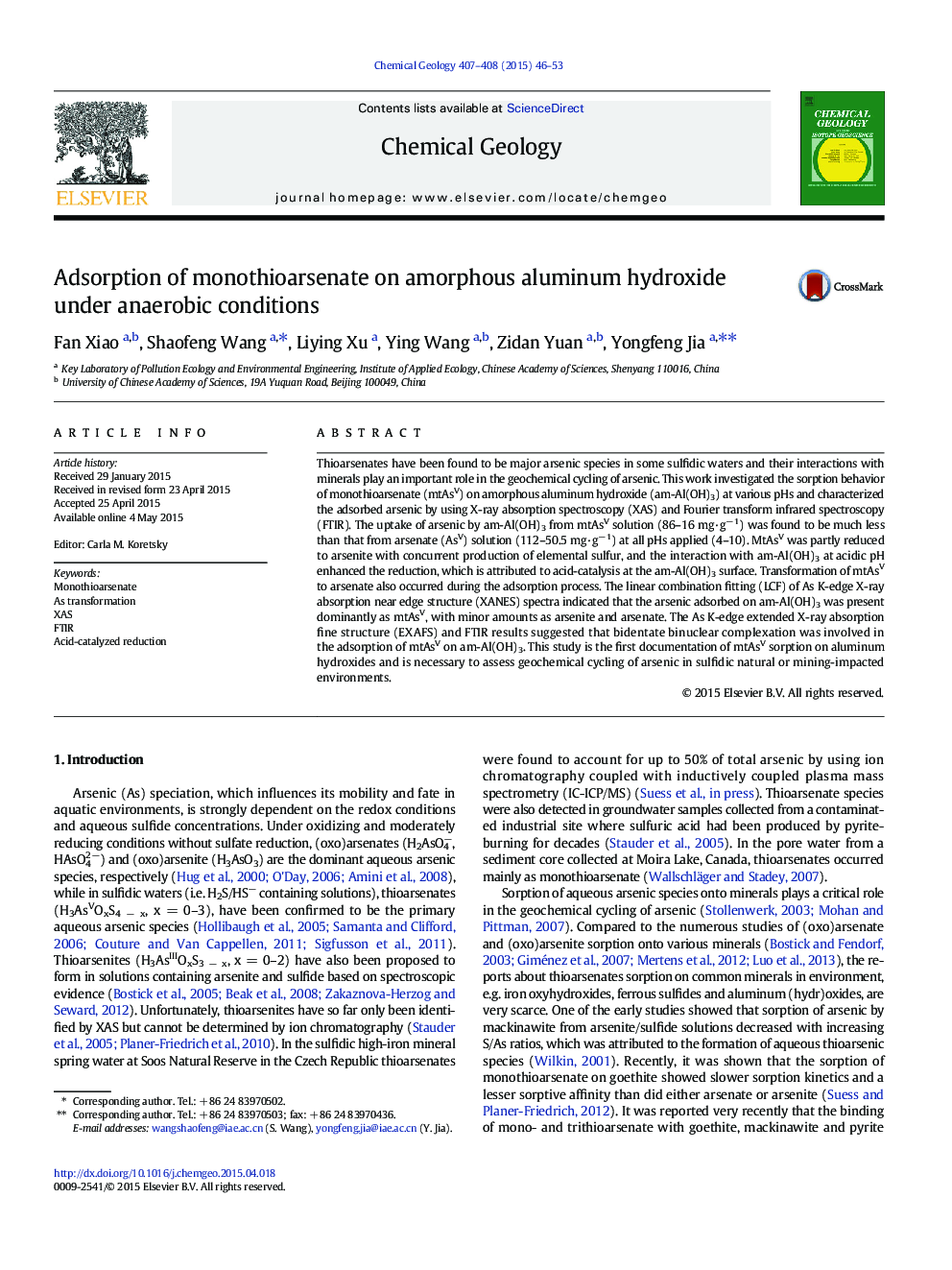 Adsorption of monothioarsenate on amorphous aluminum hydroxide under anaerobic conditions