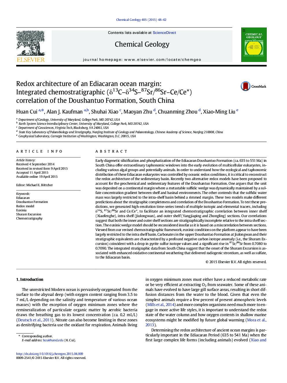 Redox architecture of an Ediacaran ocean margin: Integrated chemostratigraphic (δ13C–δ34S–87Sr/86Sr–Ce/Ce*) correlation of the Doushantuo Formation, South China