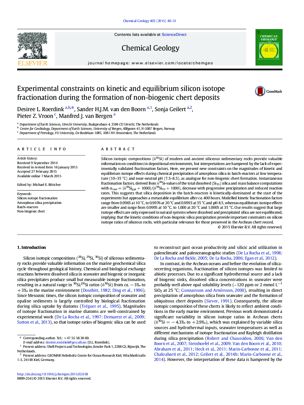 Experimental constraints on kinetic and equilibrium silicon isotope fractionation during the formation of non-biogenic chert deposits