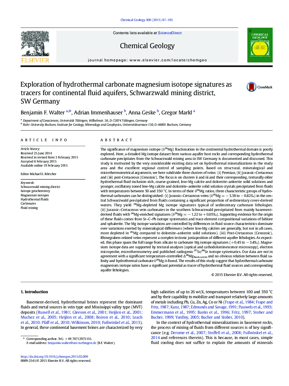 Exploration of hydrothermal carbonate magnesium isotope signatures as tracers for continental fluid aquifers, Schwarzwald mining district, SW Germany