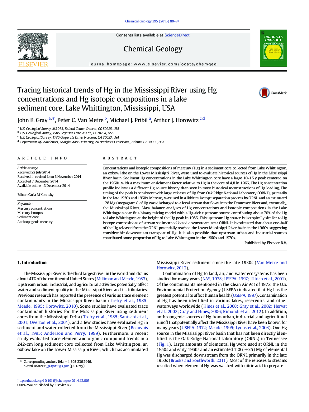 Tracing historical trends of Hg in the Mississippi River using Hg concentrations and Hg isotopic compositions in a lake sediment core, Lake Whittington, Mississippi, USA