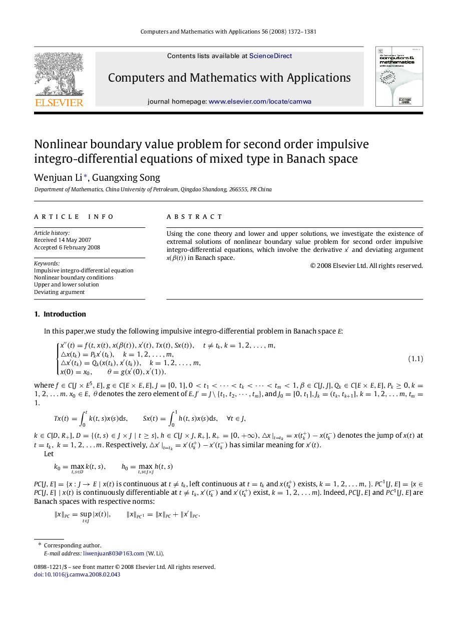 Nonlinear boundary value problem for second order impulsive integro-differential equations of mixed type in Banach space