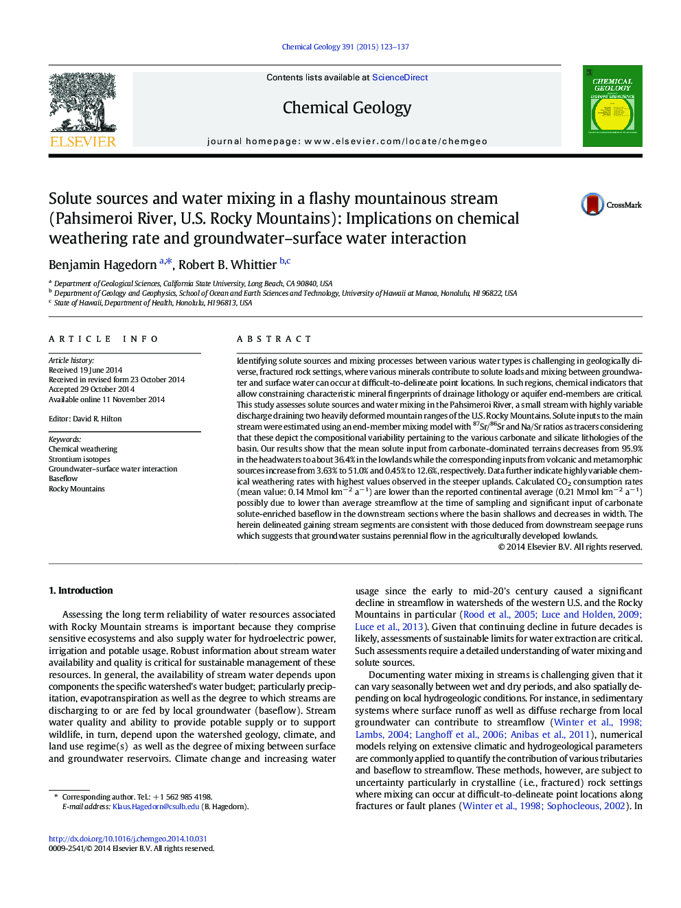 Solute sources and water mixing in a flashy mountainous stream (Pahsimeroi River, U.S. Rocky Mountains): Implications on chemical weathering rate and groundwater–surface water interaction