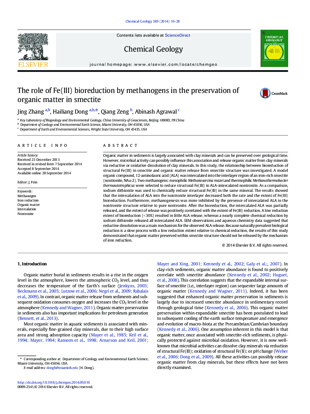 The role of Fe(III) bioreduction by methanogens in the preservation of organic matter in smectite