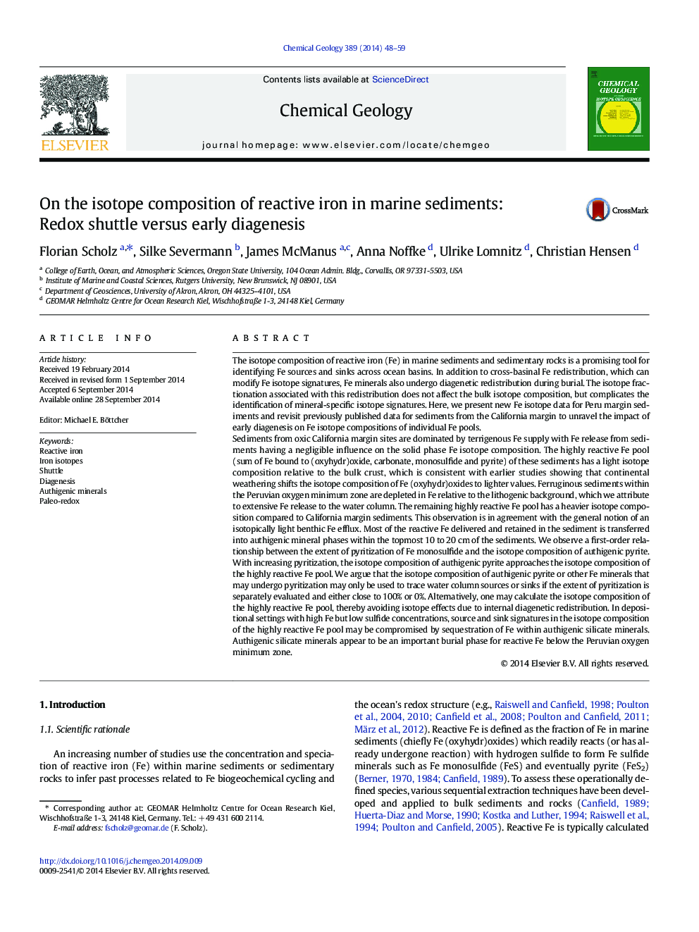 On the isotope composition of reactive iron in marine sediments: Redox shuttle versus early diagenesis