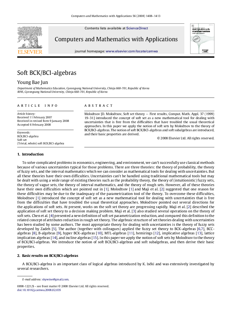 عکس صفحه اول مقاله: Soft BCK/BCI-algebras Soft BCK/BCI-algebras