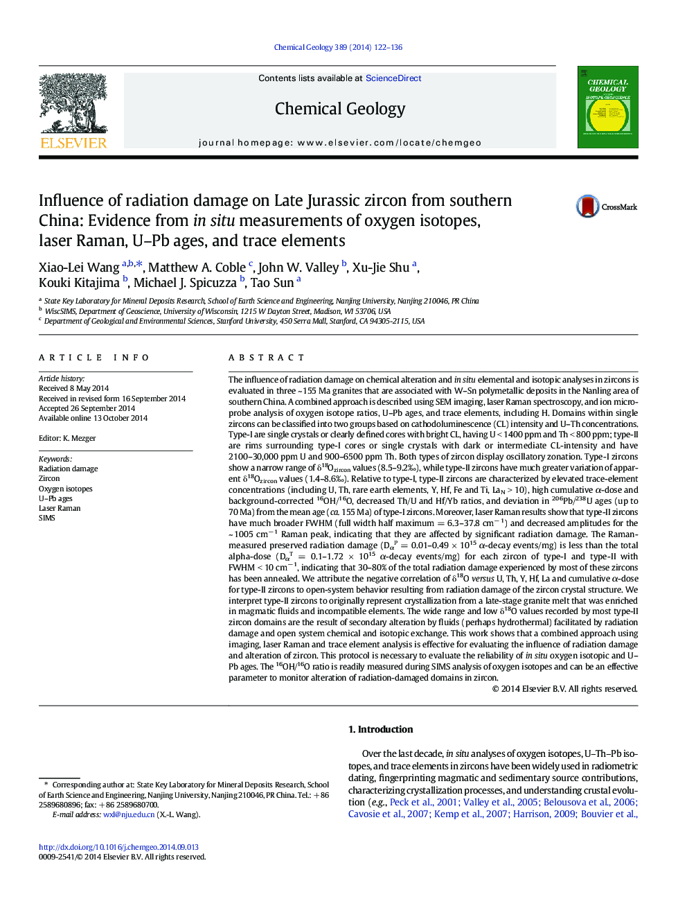 Influence of radiation damage on Late Jurassic zircon from southern China: Evidence from in situ measurements of oxygen isotopes, laser Raman, U–Pb ages, and trace elements