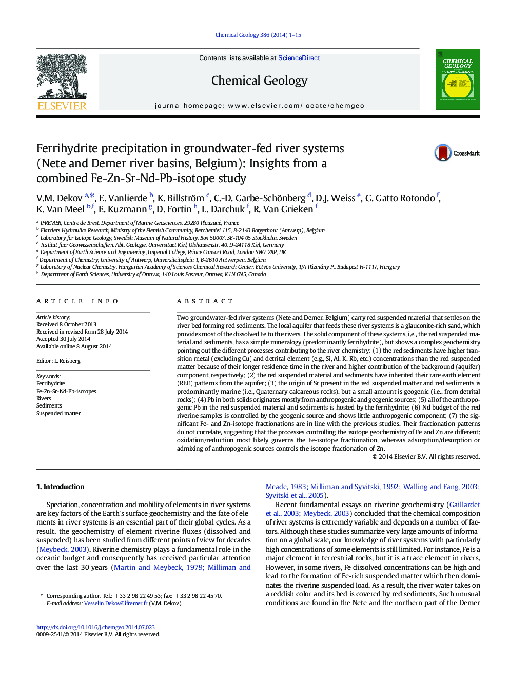 Ferrihydrite precipitation in groundwater-fed river systems (Nete and Demer river basins, Belgium): Insights from a combined Fe-Zn-Sr-Nd-Pb-isotope study