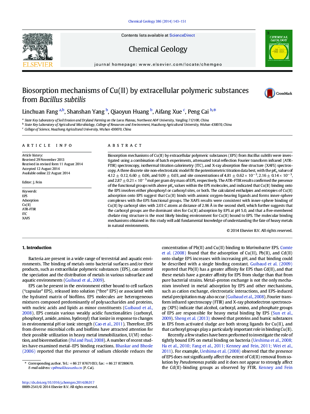 Biosorption mechanisms of Cu(II) by extracellular polymeric substances from Bacillus subtilis