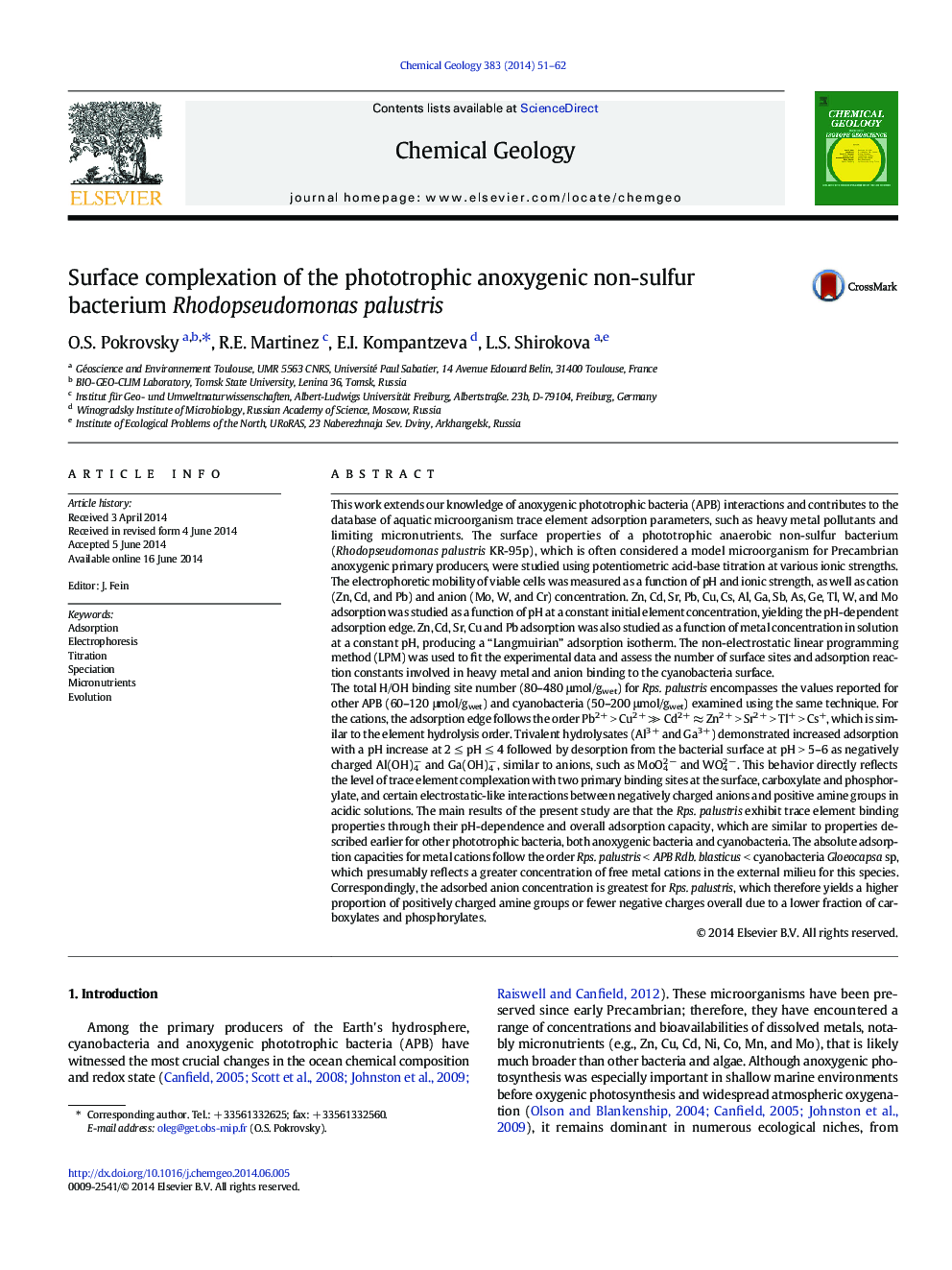 Surface complexation of the phototrophic anoxygenic non-sulfur bacterium Rhodopseudomonas palustris