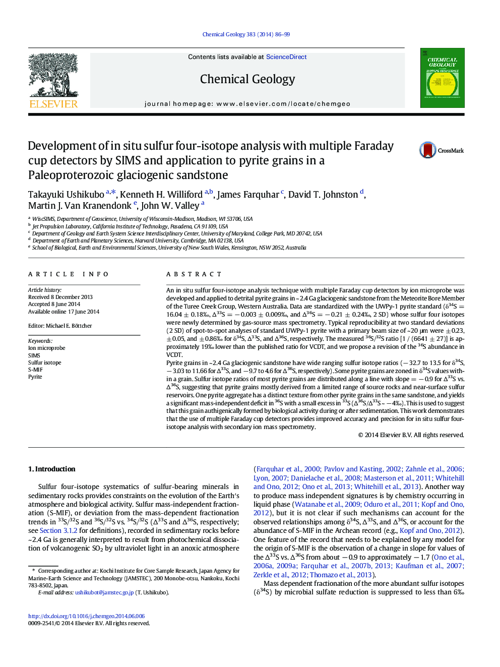 Development of in situ sulfur four-isotope analysis with multiple Faraday cup detectors by SIMS and application to pyrite grains in a Paleoproterozoic glaciogenic sandstone