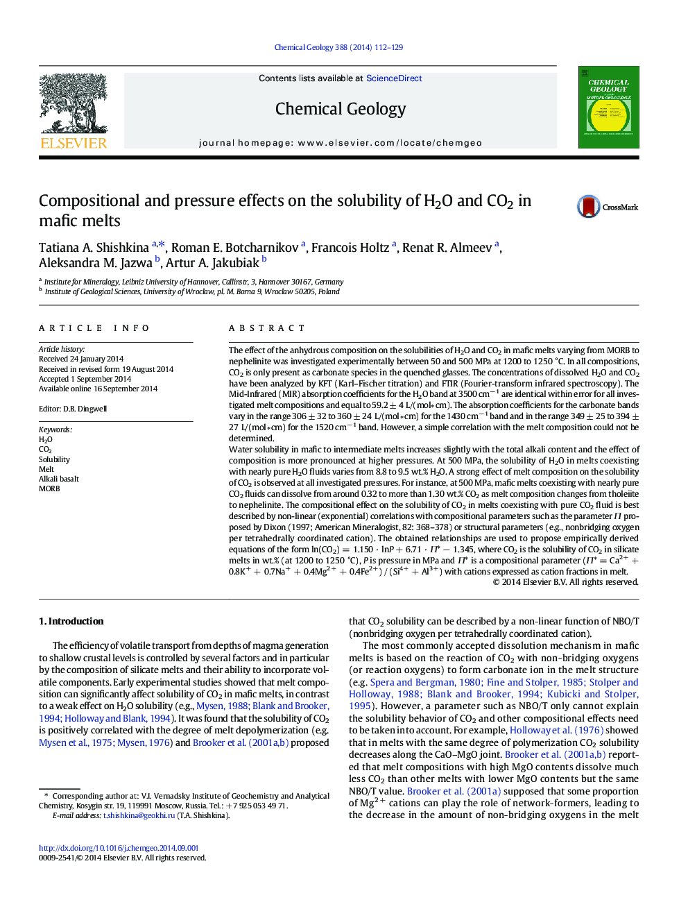 Compositional and pressure effects on the solubility of H2O and CO2 in mafic melts