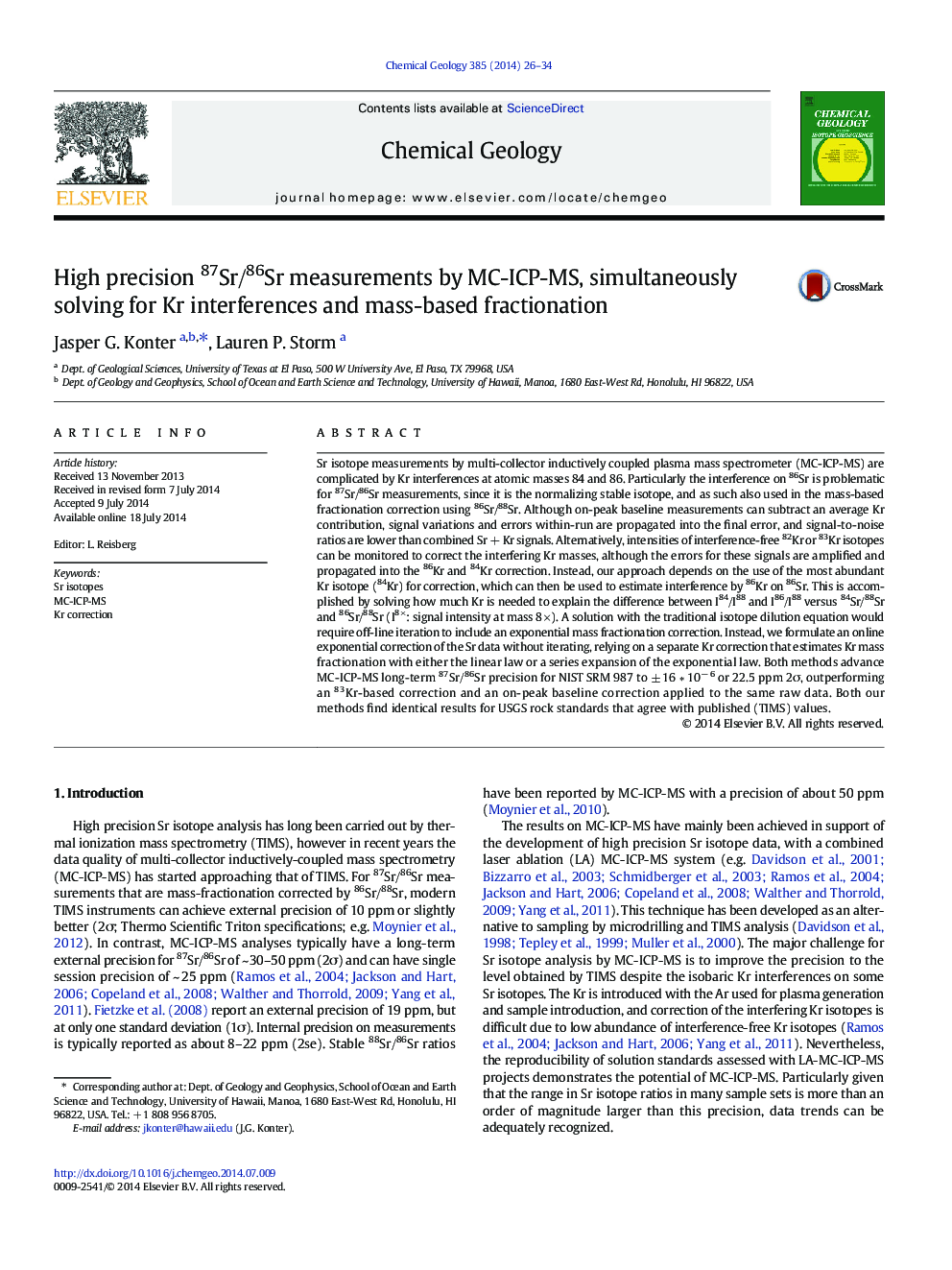 High precision 87Sr/86Sr measurements by MC-ICP-MS, simultaneously solving for Kr interferences and mass-based fractionation