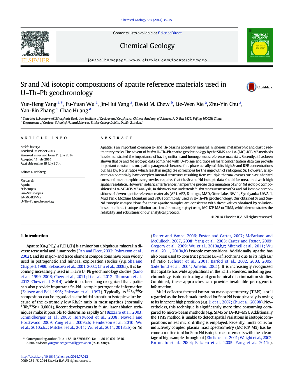 Sr and Nd isotopic compositions of apatite reference materials used in U–Th–Pb geochronology