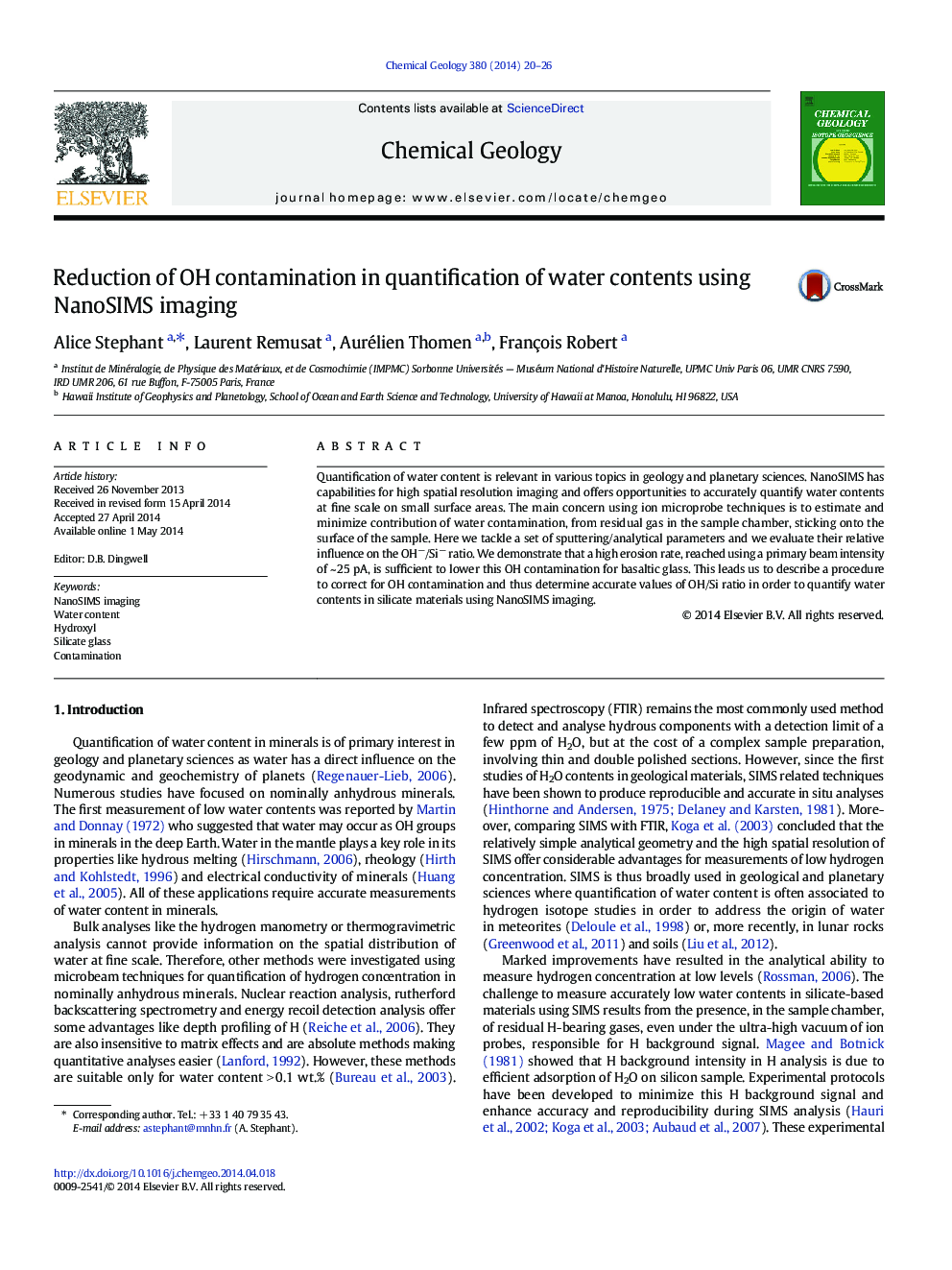 Reduction of OH contamination in quantification of water contents using NanoSIMS imaging